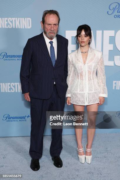 Tommy Lee Jones and Jenna Ortega attends Los Angeles Premiere of Paramount+'s "Finestkind" at Pacific Design Center on December 12, 2023 in West...
