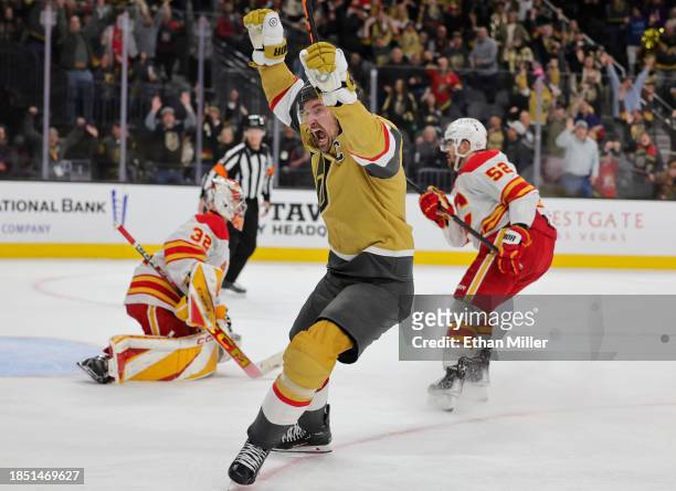 Mark Stone of the Vegas Golden Knights reacts after scoring a goal against Dustin Wolf of the Calgary Flames in overtime to win their game 5-4 at...
