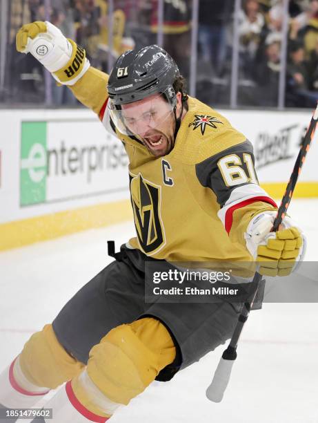 Mark Stone of the Vegas Golden Knights reacts after scoring a goal against the Calgary Flames in overtime to win their game 5-4 at T-Mobile Arena on...