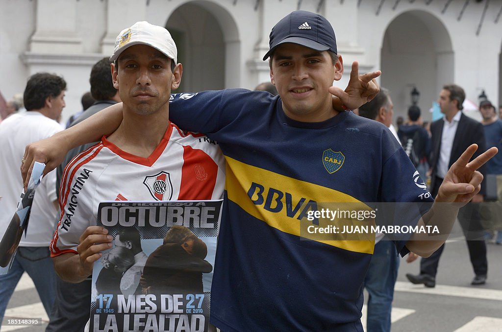 Peron Rally Two men supporters of the ruling party wearing the jerseys of River ...