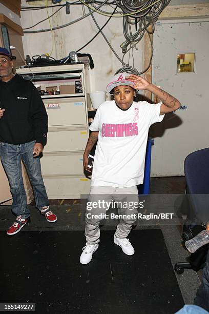 Bow Wow impersonator Mattie "Dee Pimpin" Brown visits 106 & Park at 106 & Park on October 17, 2013 in New York City.