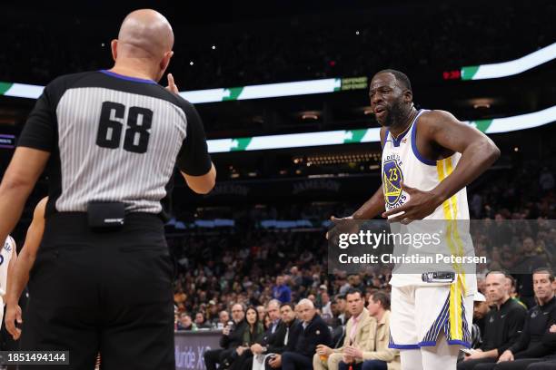 Draymond Green of the Golden State Warriors reacts after being ejected for a flagrant foul during the second half of the NBA game against the Phoenix...