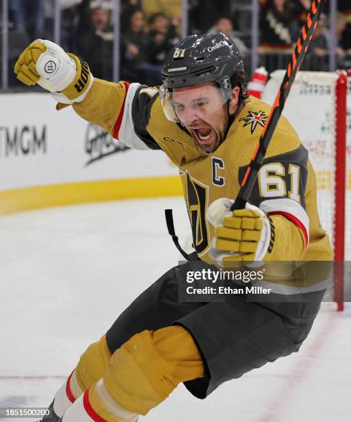 Mark Stone of the Vegas Golden Knights reacts after scoring a goal against the Calgary Flames in overtime to win their game 5-4 at T-Mobile Arena on...