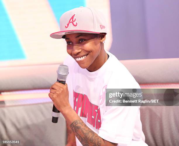 Bow Wow impersonator Mattie "Dee Pimpin" Brown visits 106 & Park at 106 & Park studio on October 17, 2013 in New York City.