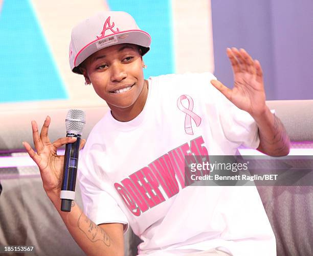 Bow Wow impersonator Mattie "Dee Pimpin" Brown visits 106 & Park at 106 & Park studio on October 17, 2013 in New York City.