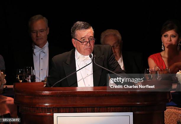 Scott Pelley, Alfred E. Smith IV, Henry Kissinger and Maria Bartiromo attend the 68th annual Alfred E. Smith Memorial Foundation Dinner at The...