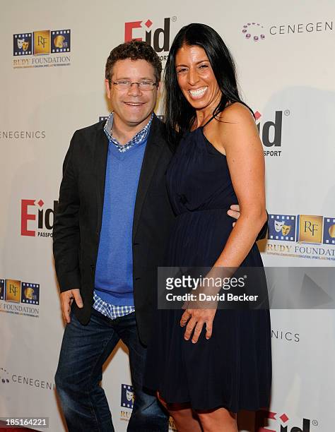 Actor Sean Astin and Cheryl Ruettiger arrive at the 20th anniversary celebration of the release of the movie "Rudy" at the Brenden Theatres inside...