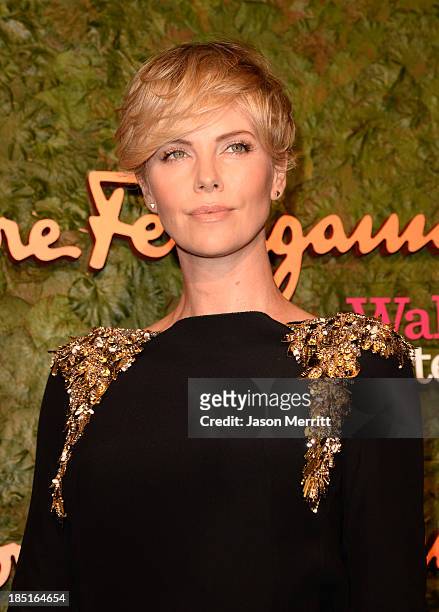 Actress Charlize Theron, wearing Ferragamo, arrives at the Wallis Annenberg Center for the Performing Arts Inaugural Gala presented by Salvatore...