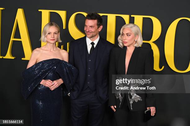 Carey Mulligan, Bradley Cooper and Lady Gaga attend Netflix's "Maestro" Los Angeles photo call at Academy Museum of Motion Pictures on December 12,...