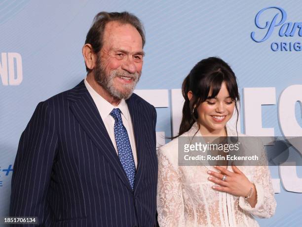 Tommy Lee Jones and Jenna Ortega attend the Los Angeles premiere of Paramount+'s "Finestkind" at Pacific Design Center on December 12, 2023 in West...