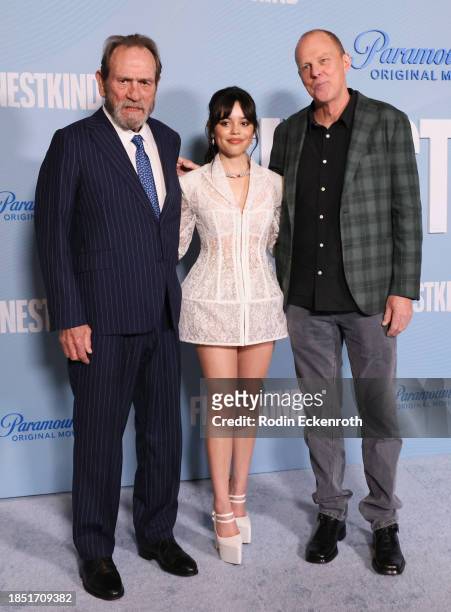 Tommy Lee Jones, Jenna Ortega, and Brian Helgeland attend the Los Angeles premiere of Paramount+'s "Finestkind" at Pacific Design Center on December...