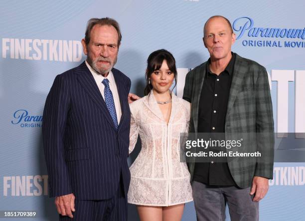 Tommy Lee Jones, Jenna Ortega, and Brian Helgeland attend the Los Angeles premiere of Paramount+'s "Finestkind" at Pacific Design Center on December...