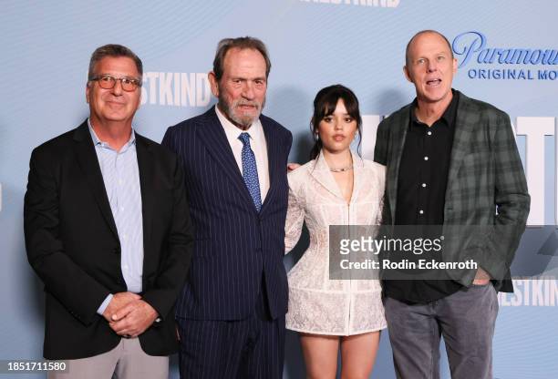 Gary Foster, Tommy Lee Jones, Jenna Ortega, and Brian Helgeland attend the Los Angeles premiere of Paramount+'s "Finestkind" at Pacific Design Center...