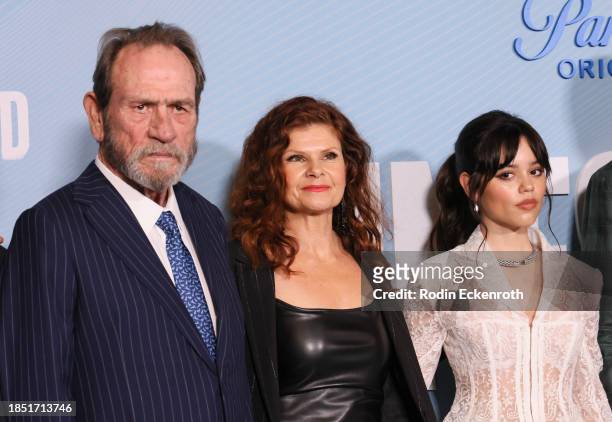 Tommy Lee Jones, Lolita Davidovich, and Jenna Ortega attend the Los Angeles premiere of Paramount+'s "Finestkind" at Pacific Design Center on...