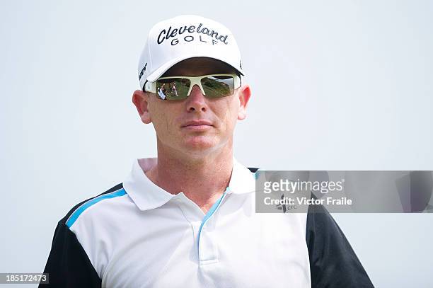 Adam Groom of Australia looks on at the 17th tee during day two of the Venetian Macau Open at Macau Golf and Country Club on October 18, 2013 in...
