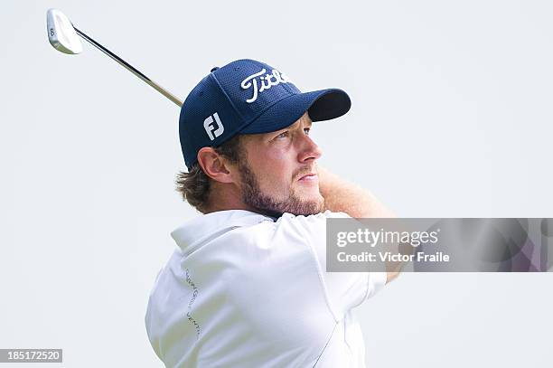 Kalle Samooja of Finland of New Zealand tees off on the 17th hole during day two of the Venetian Macau Open at Macau Golf and Country Club on October...