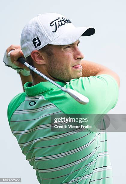 Ben Campbell of New Zealand tees off on the 17th hole during day two of the Venetian Macau Open at Macau Golf and Country Club on October 18, 2013 in...