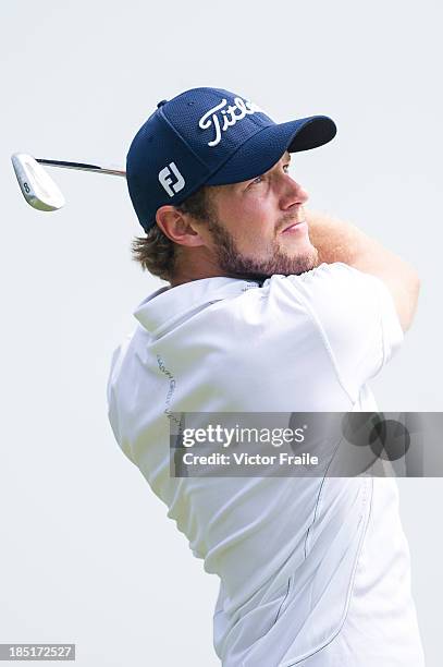 Kalle Samooja of Finland of New Zealand tees off on the 17th hole during day two of the Venetian Macau Open at Macau Golf and Country Club on October...