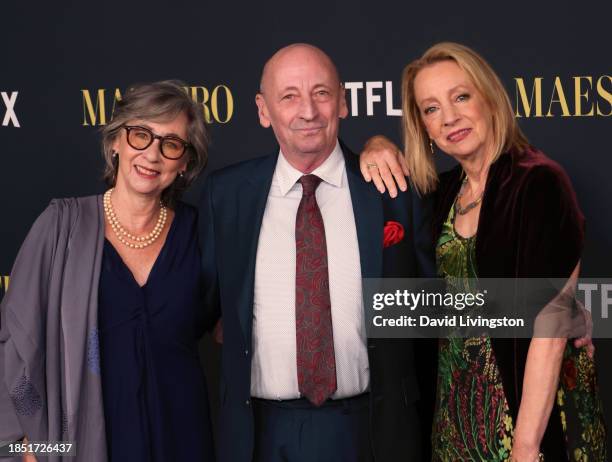 Nina Bernstein, Alexander Bernstein and Jamie Bernstein attend Netflix's "Maestro" Los Angeles photo call at the Academy Museum of Motion Pictures on...