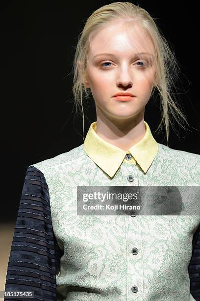 Model showcases designs on the runway during the In-Process by Hall Ohara show as part of Mercedes Benz Fashion Week TOKYO 2014 S/S at the Hikarie...