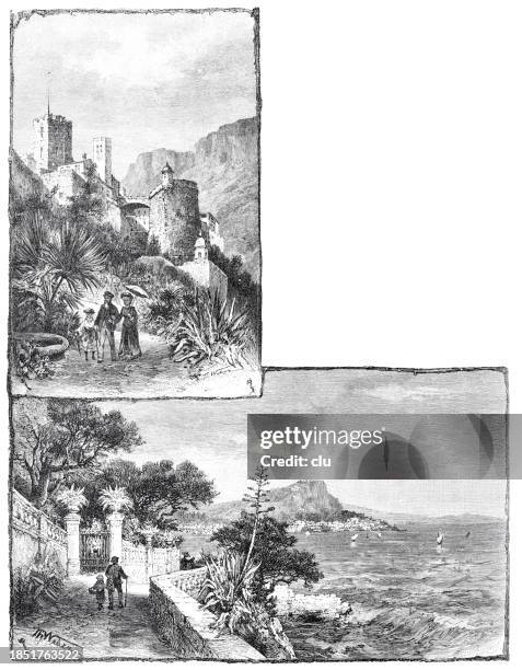 monaco and at st. jean - 1891 stock illustrations