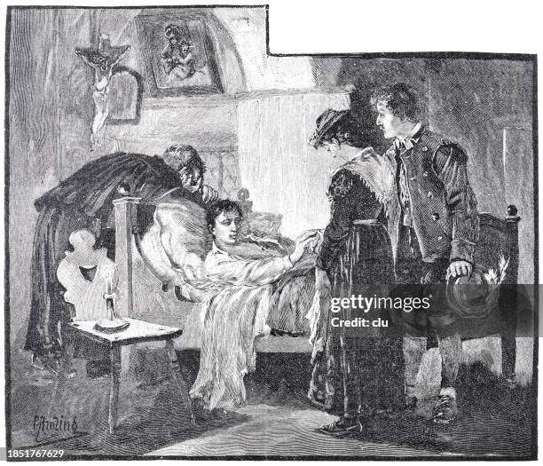 couple visits an injured man at the bedside - 1891 stock illustrations stock illustrations