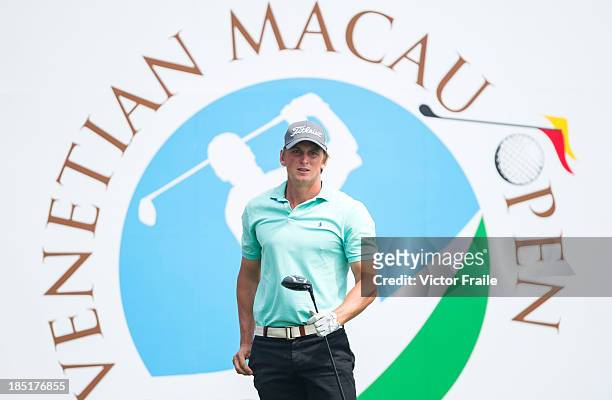 Jesper Kennegard of Sweden tees off on the 18th hole during day two of the Venetian Macau Open at Macau Golf and Country Club on October 18, 2013 in...
