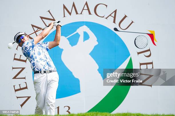 Mars Pucay of Philippines tees off on the 11th hole during day two of the Venetian Macau Open at Macau Golf and Country Club on October 18, 2013 in...