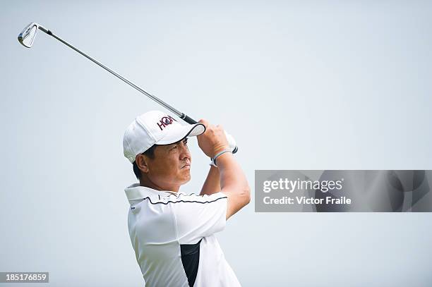 Yeh Chang-ting of Taiwan tees off on the 17th hole during day two of the Venetian Macau Open at Macau Golf and Country Club on October 18, 2013 in...