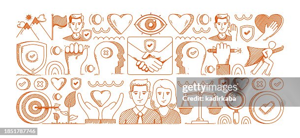 Core values hand drawn sketch, vector doodle line icon set. Core values hand drawn sketch, vector doodle line icon set.