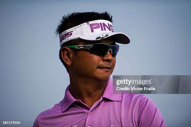 Lin Wen-tang of Taiwan looks on at the 17th tee during day two of the Venetian Macau Open at Macau Golf and Country Club on October 18, 2013 in...