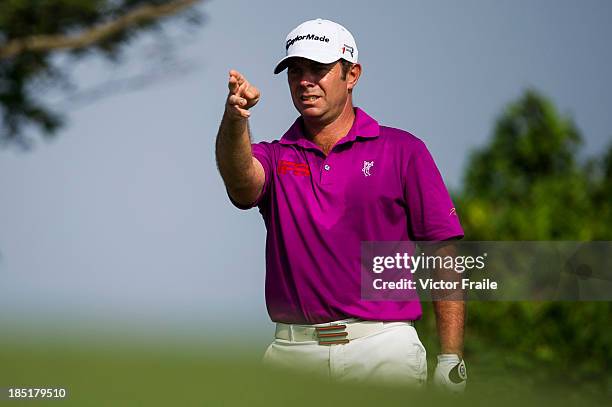 Scott Barr of Australia tees off on the 14th hole during day two of the Venetian Macau Open at Macau Golf and Country Club on October 18, 2013 in...