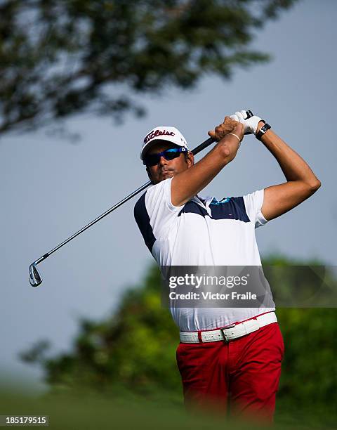 Digvijay Sinhg of India tees off on the 14th hole during day two of the Venetian Macau Open at Macau Golf and Country Club on October 18, 2013 in...