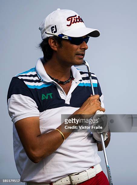 Digvijay Sinhg of India tees off on the 17th hole during day two of the Venetian Macau Open at Macau Golf and Country Club on October 18, 2013 in...