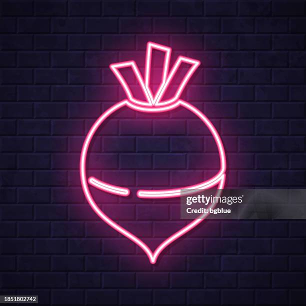 rutabaga. glowing neon icon on brick wall background - rutabaga 幅插畫檔、美工圖案、卡通及圖標