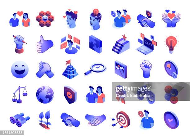 core values icon set banner design, three dimensional and isometric drawing. honesty, loyalty, morality, handshake, passion, reliability, law, ethics. - client satisfaction guarantee stock illustrations