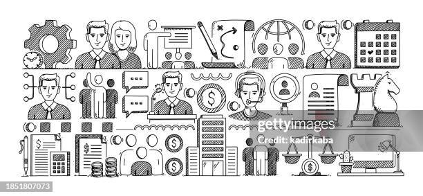 corporate business hand drawn sketch, vector doodle line icon set. - accounting office stock illustrations