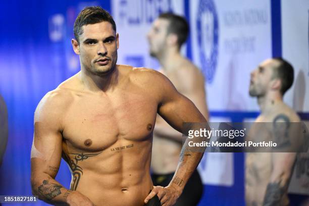 Florent Manaudou of France reacts after competing in the 4x50m Medley Relay Mixed Heats during the European Short Course Swimming Championships at...