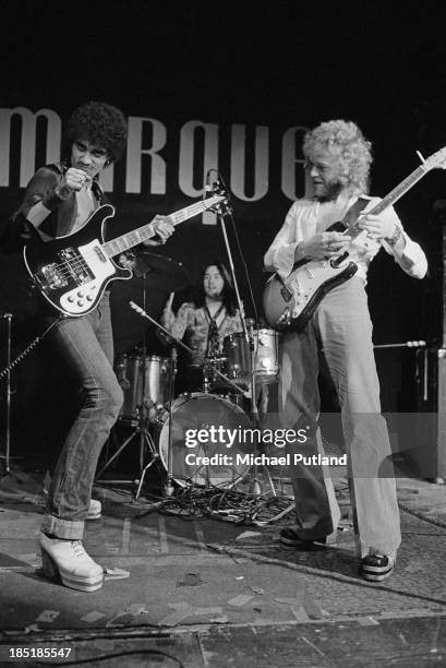 Irish rock group Thin Lizzy performing at the Marquee Club, London, 13th November 1973. Left to right: Phil Lynott , Brian Downey and Eric Bell.