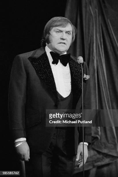 English comedian Les Dawson on stage at the London Palladium during the Royal Variety Performance, London, 26th November 1973.