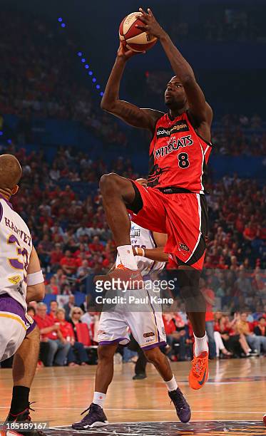 James Ennis of the Wildcats drives to the basket during the round two NBL match between the Perth Wildcats and the Sydney Kings at Perth Arena in...