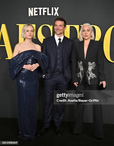 Carey Mulligan, Lady Gaga and Bradley Cooper attend Netflix's "Maestro" Los Angeles Photo Call at Academy Museum of Motion Pictures on December 12,...