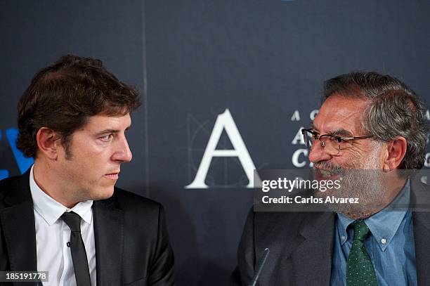 Manel Fuentes and President of Spanish Cinema Academy Enrique Gonzalez Macho attend the "Goya Film Awards 2014" press conference on October 18, 2013...