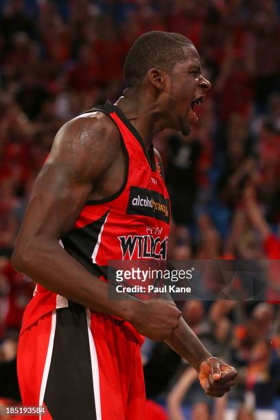 James Ennis of the Wildcats celebrates after a dunk during the round two NBL match between the Perth Wildcats and the Sydney Kings at Perth Arena in...
