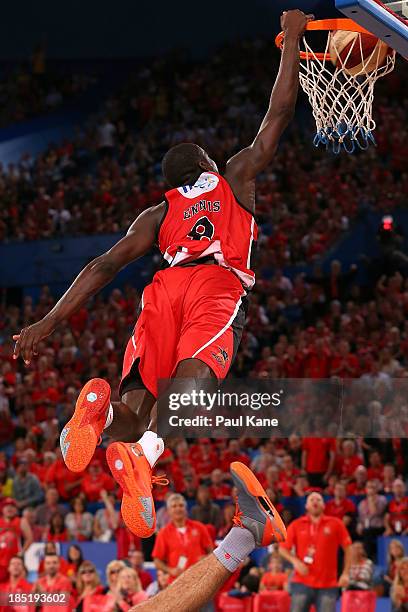 James Ennis of the Wildcats dunks the ball during the round two NBL match between the Perth Wildcats and the Sydney Kings at Perth Arena in October...