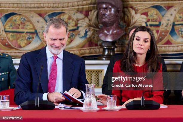 King Felipe VI of Spain and Queen Letizia of Spain meet the "Princesa De Girona" Foundation at The Royal Palace on December 13, 2023 in Madrid, Spain.