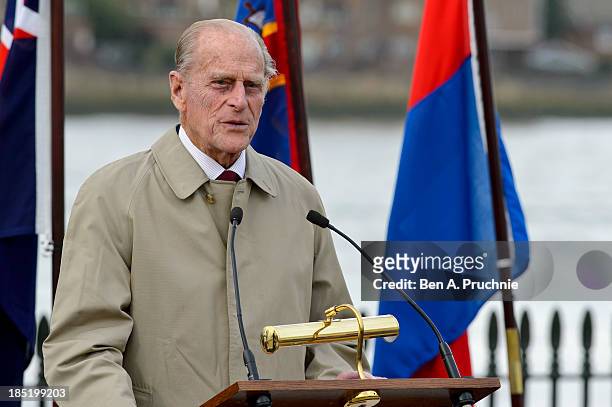 Prince Philip, Duke of Edinburgh attends the renaming ceremony for 'The City Of Adelaide' clipper ship at the Old Royal Naval College on October 18,...
