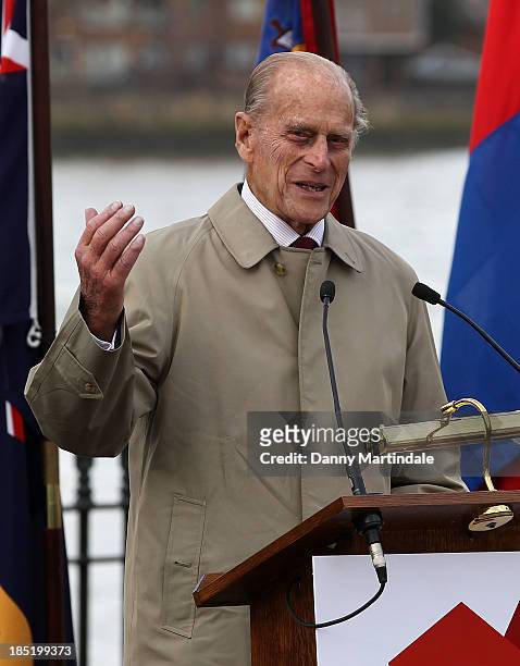 Prince Philip, Duke of Edinburgh give a speach at the renaming ceremony for 'The City of Adelaide' Clipper Ship at the Old Royal Naval College on...