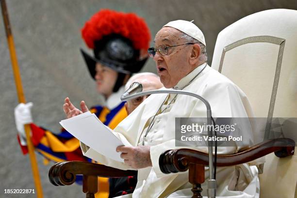 Pope Francis holds his homily during the weekly General Audience at the Paul VI Hall on December 13, 2023 in Vatican City, Vatican. Speaking at the...