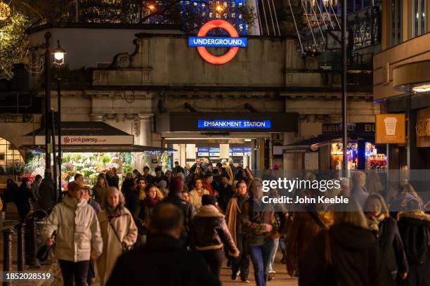 General exterior view of the Embankment underground tube station at night on December 11, 2023 in London, United Kingdom.